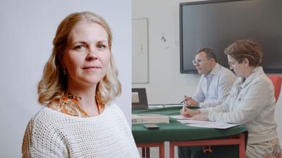 Maria Roneklindt til venstre - lærer og eksaminator ved bord med grøn dug til højre