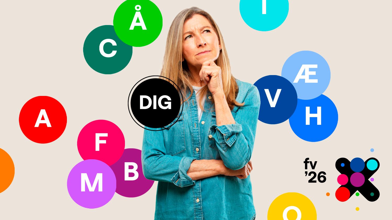 Collage til folketingsvalg 2026 – kvindelig lærer står undrende omgivet af partiernes bogstaver og farver.