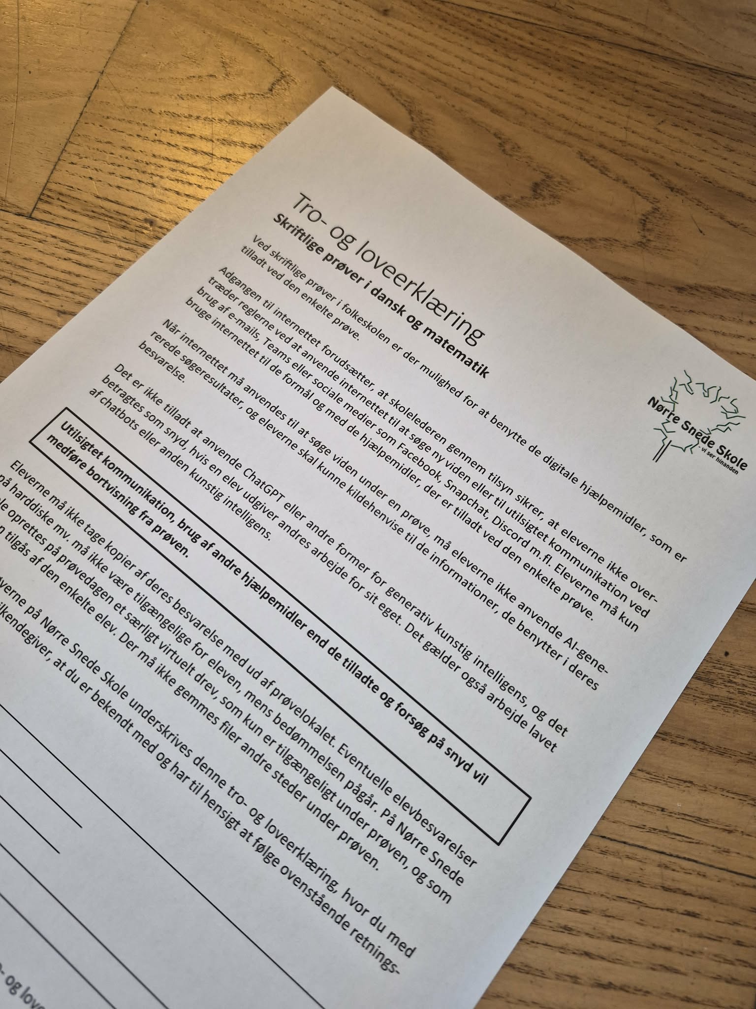 Tro- og love erkl&aelig;ring N&oslash;rre Snede Skole