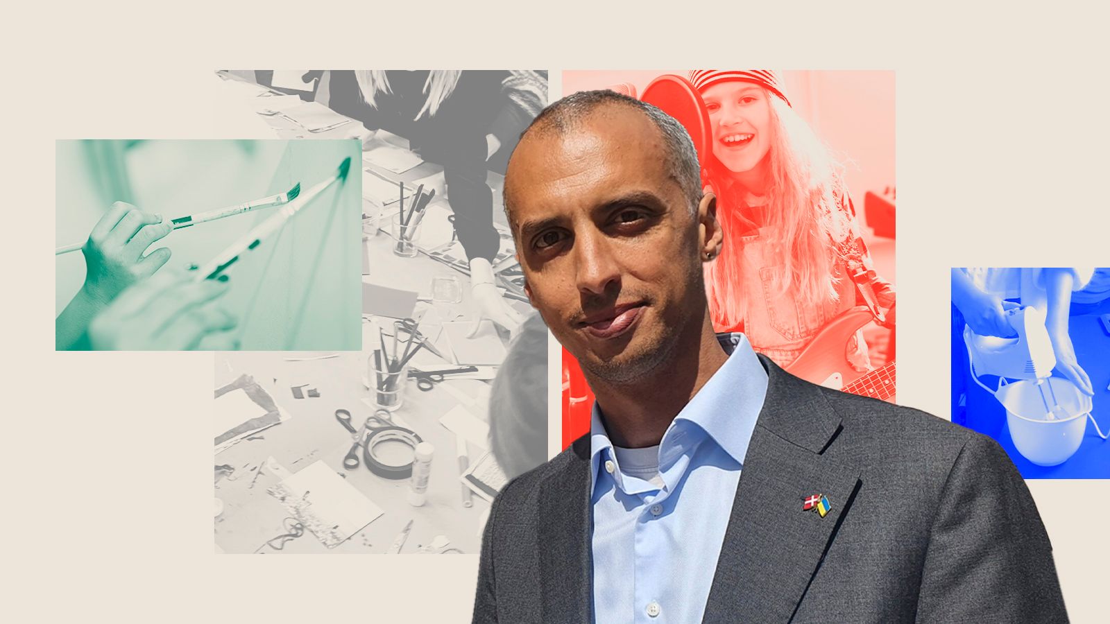 Tesfaye foran collage fra billeder fra de praktiske-musiske fag