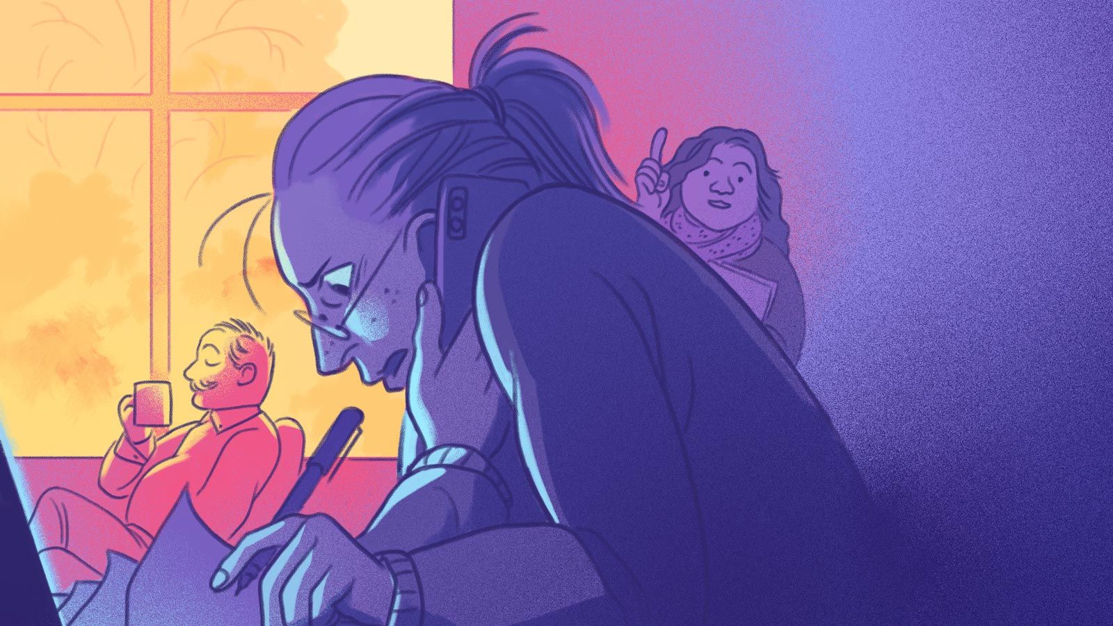 Illustration af lærer, som sidder meget presset ved sit skrivebord. I baggrunden kan man se en kollega, som nyder en pause og en kaffe og en anden kollega, som står klar med et spørgfsmål.