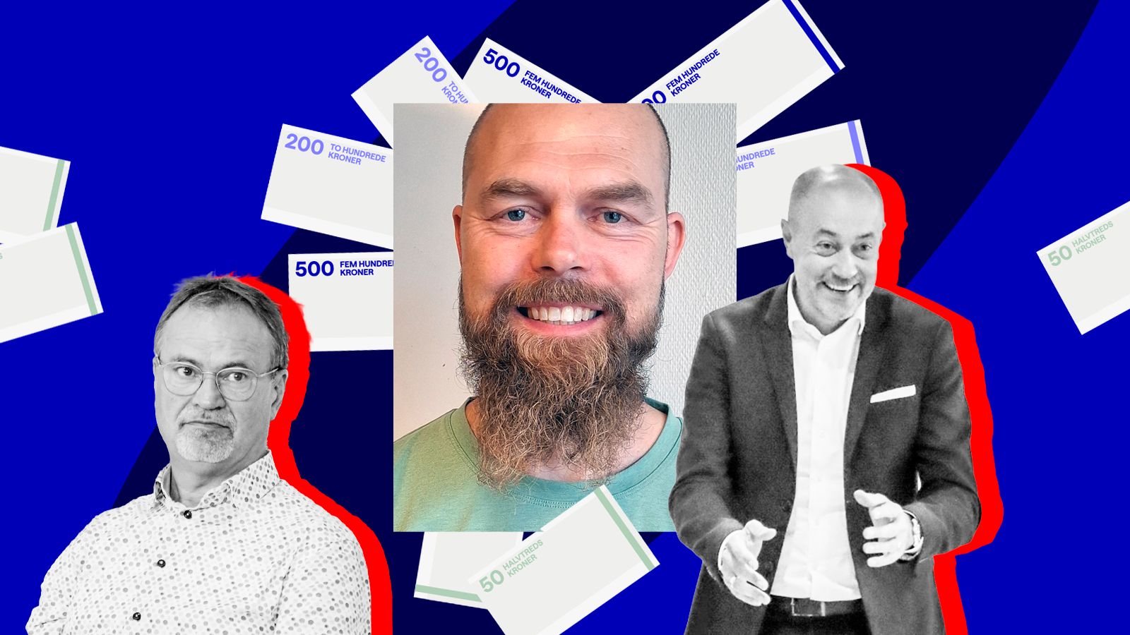 Collage med Gordon, lærer og Heunicke – pengesedler i baggrunden.