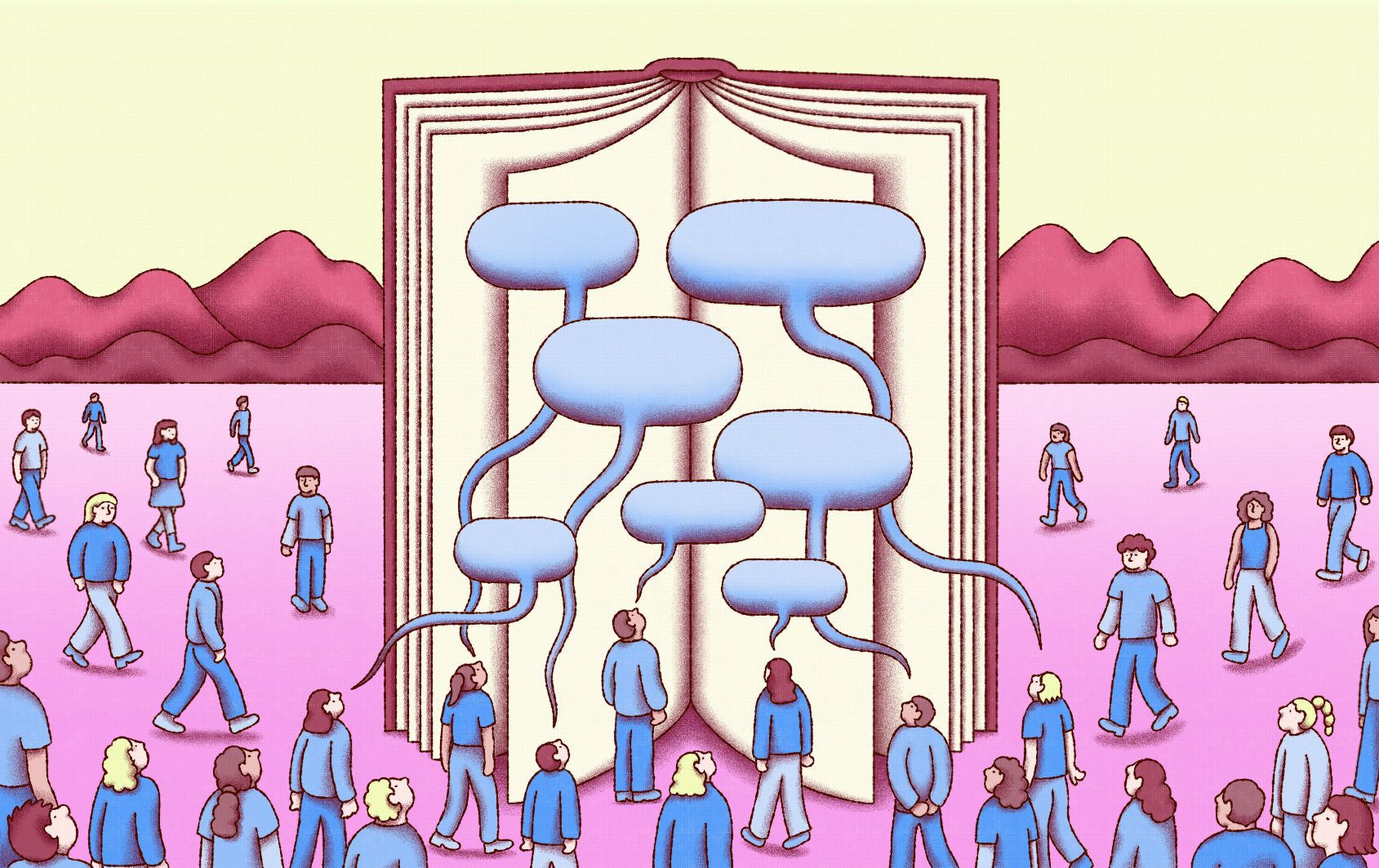 Illustrationen viser de mange forskellige personlige erfaringer og f&oslash;lelsesm&aelig;ssige oplevelser en person kan have under sin l&aelig;sning. Det g&oslash;r den ved at have en stor bog i midten og en masse mennesker omkring med talebobler, for at indikerer deres personlige oplevelse