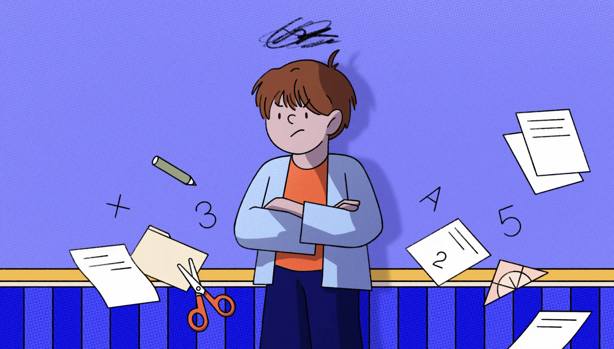 Illustration af elev, som står med foldede hænder og ikke vil noget.