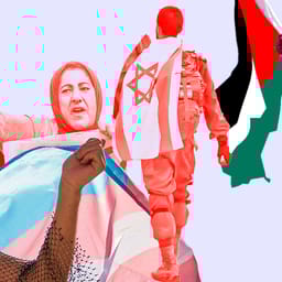 Collage med blandt andet palæstinensisk flag, israelsk soldat og pride-flag