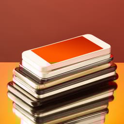 En stak forskellige smartphones i en stabel på et bord