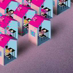 Illustration af børn som sidder i hver deres hus og bliver hjemmeundervist