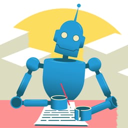 Illustration: robot sidder ved et bord og skriver på et stykke papir