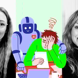 Tredelt billede med Sandra Rygaard (tv.) og Julie Brahe Hansen – i midten en illustration hvor en AI-robot hjælper en lærer.