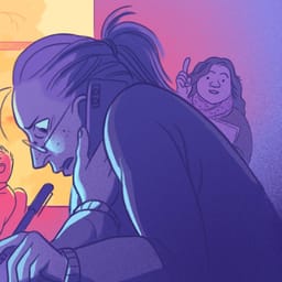 Illustration af lærer, som sidder meget presset ved sit skrivebord. I baggrunden kan man se en kollega, som nyder en pause og en kaffe og en anden kollega, som står klar med et spørgfsmål.