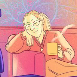 Illustration af kvindelig lærer, som tager sig en pause med en kop kaffe.