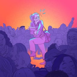 Illustration af kvindelig lærer, som står i midten af en mængde kollegaer og børn, som stresser hende. Hun holder sig, fordi hun er ikke nået på toilettet endnu.