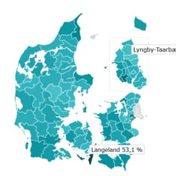 danmarkskort kommuneopdelt med fokus på Langeland (53,1 %) og Lyngby-Taarbæk (7,9%)