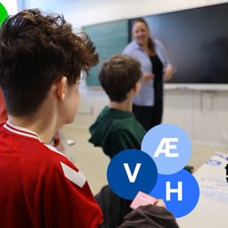 Elever og lærer plus alle partilogoer