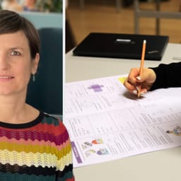 Billede af Stine Dunkan Gents, med baggrund, hvor en elev laver en matematiktest.