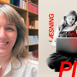 Forsker Kristine Kabel i to-delt billede. Hun på den venstre side og en collage med en teenage piger som bruger AI på den anden.