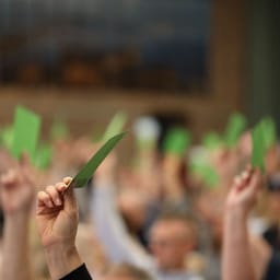 Afstemning til kongres. Grønne sedler bliver holdt op i luften