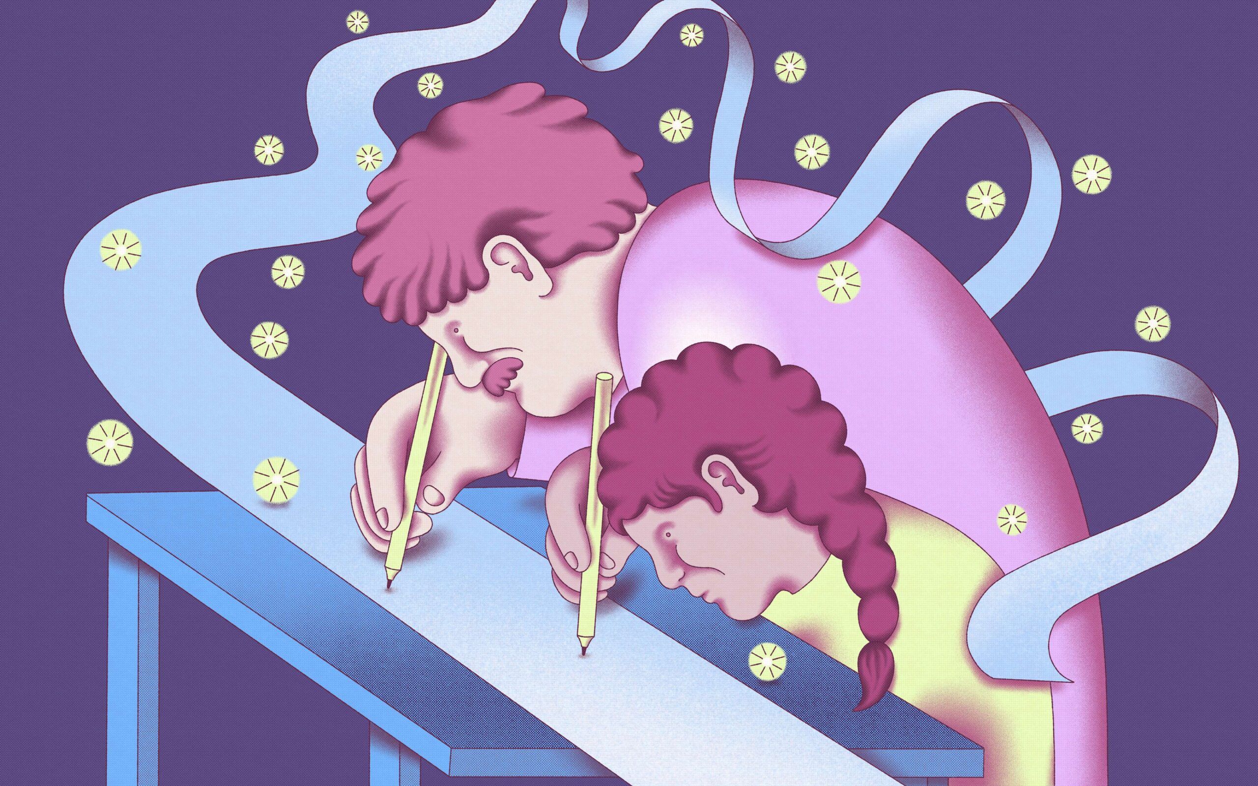 Illustration af to personer der skriver på papir