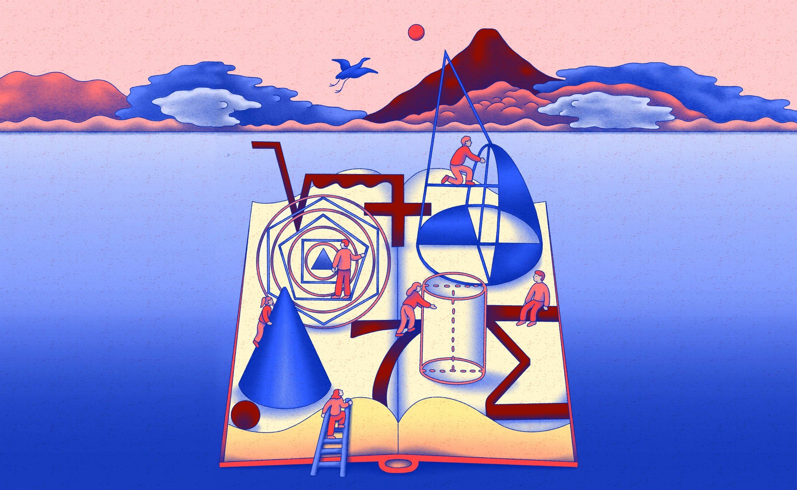 Illustration af matematiske genstande på en flydende bog