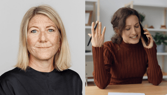 Dorte Andreas og kvinde, der taler i mobiltelefon