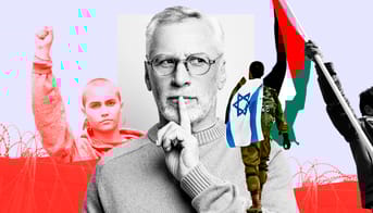 Lærer laver en gestus med fingeren for munden, som for at ønske stilhed. Collage med soldat fra Israel, demonstrant fra Palestina og demonstrationer for transidentitet.