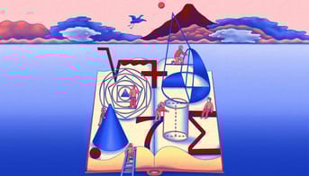 Illustration af matematiske genstande på en flydende bog