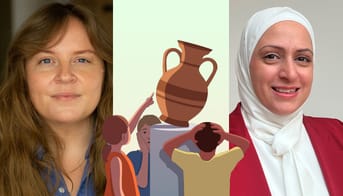 Tredelt foto med fra venstre, Marie Odbjerg, en illustration af nogle børn, som vælter en vase på museum og Rina Ghanoum.