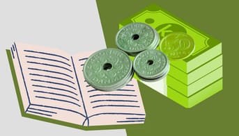 Billede med penge og en bog