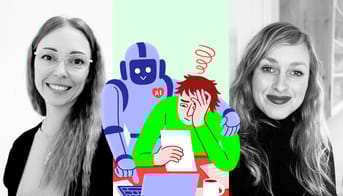 Tredelt billede med Sandra Rygaard (tv.) og Julie Brahe Hansen – i midten en illustration hvor en AI-robot hjælper en lærer.