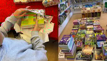 Bøger på et bord og barn der pakker en bog ud