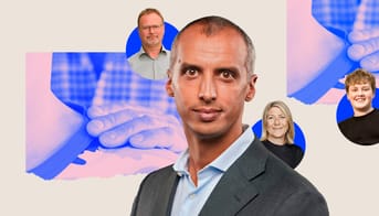 Collage med billede af en lærer der lægger en hånd på en elevs skulder. Stort billede af Tesfaye og små billeder af Gordon Ørskov Madsen, Dorte Andreas og Magnus Hermann.