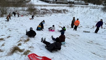 Elever i 5. klasse kælker ned ad en bakke