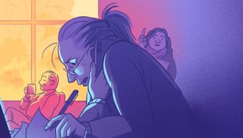 Illustration af lærer, som sidder meget presset ved sit skrivebord. I baggrunden kan man se en kollega, som nyder en pause og en kaffe og en anden kollega, som står klar med et spørgfsmål.