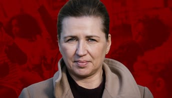 Statsminister Mette Frederiksen, som collage i baggrunden er lagt et billede af nogle unge elever.