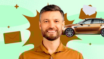 Collage med borgerlig smilende lærer med brun skjorte og matchende brun BMW i baggrunden.