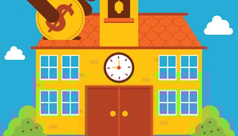 skoleøkonomi-illustration: en hånd propper en mønt gennem taget på en skole