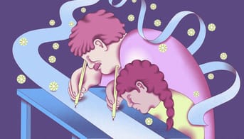 Illustration af to personer der skriver på papir