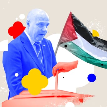 Illustration med et billede af Søren Gade, det palæstinensisk flag og en valgurne.