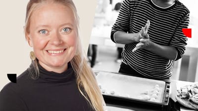 Kathrine Bjerregaard Quist, som er lærer, i collage ved siden en elev, som laver mad i skolekøkken