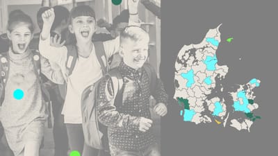 Glade skolebørn på vej på ferie, og et kort over kommuner