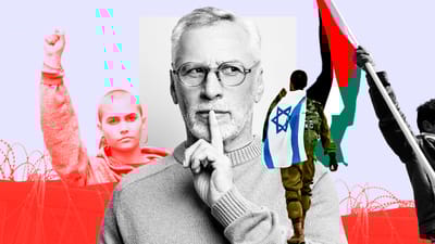 Lærer laver en gestus med fingeren for munden, som for at ønske stilhed. Collage med soldat fra Israel, demonstrant fra Palestina og demonstrationer for transidentitet.