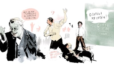 Illustration af lærerne fra filmene ”Læreren, der lovede havet”, "Dead Poets Society" og "Det forsømte forår".