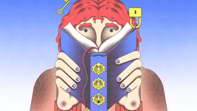 Illustration af en lærer, der gemmer sit ansigt bag en bog.