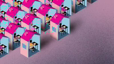 Illustration af børn som sidder i hver deres hus og bliver hjemmeundervist