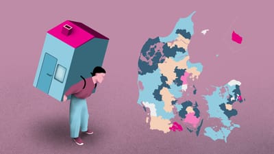 Illustration af Danmarkskort og persen med et hus på ryggen