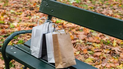 Tre indkøbsposer på en bænk omgivet af nedfaldne efterårsblade