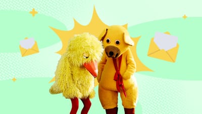 En skuffet Kylling ved siden af Bamse fra DR i collage med grafik fra Folkeskolens brevkasse.