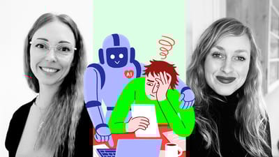Tredelt billede med Sandra Rygaard (tv.) og Julie Brahe Hansen – i midten en illustration hvor en AI-robot hjælper en lærer.