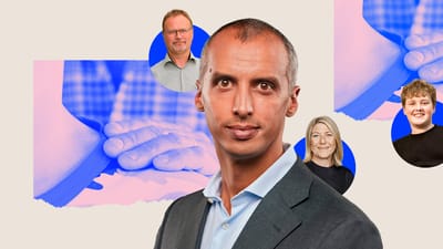 Collage med billede af en lærer der lægger en hånd på en elevs skulder. Stort billede af Tesfaye og små billeder af Gordon Ørskov Madsen, Dorte Andreas og Magnus Hermann.