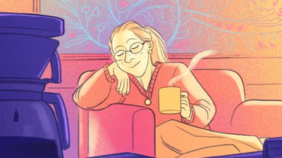 Illustration af kvindelig lærer, som tager sig en pause med en kop kaffe.